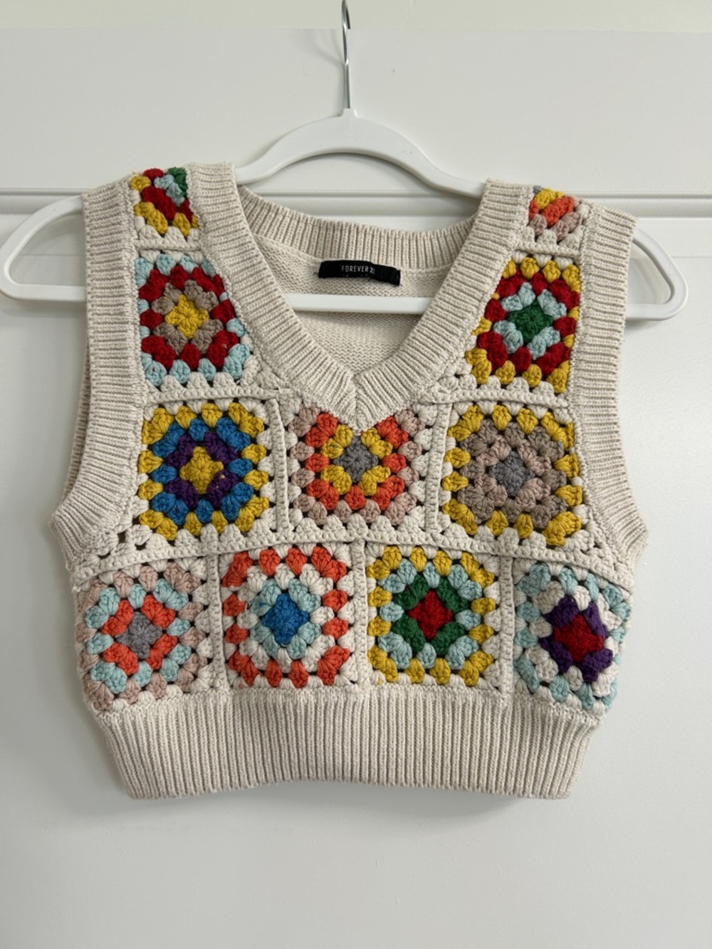 Forever 21 Cream Crochet Patchwork V-Neck Sweater Vest with Multicolor Squares